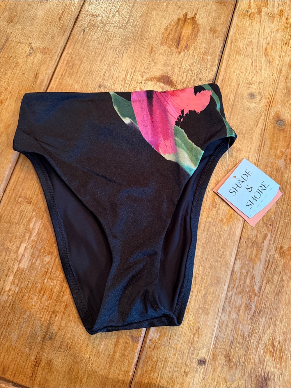 Shade & Shore Black High-Waist Bikini Bottom with Pink & Green Floral Accent